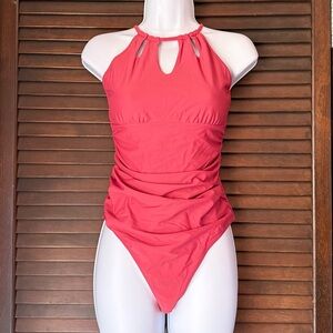 Tummy- Hiding Cutout Halter One-Piece Swimsuit - Mauve